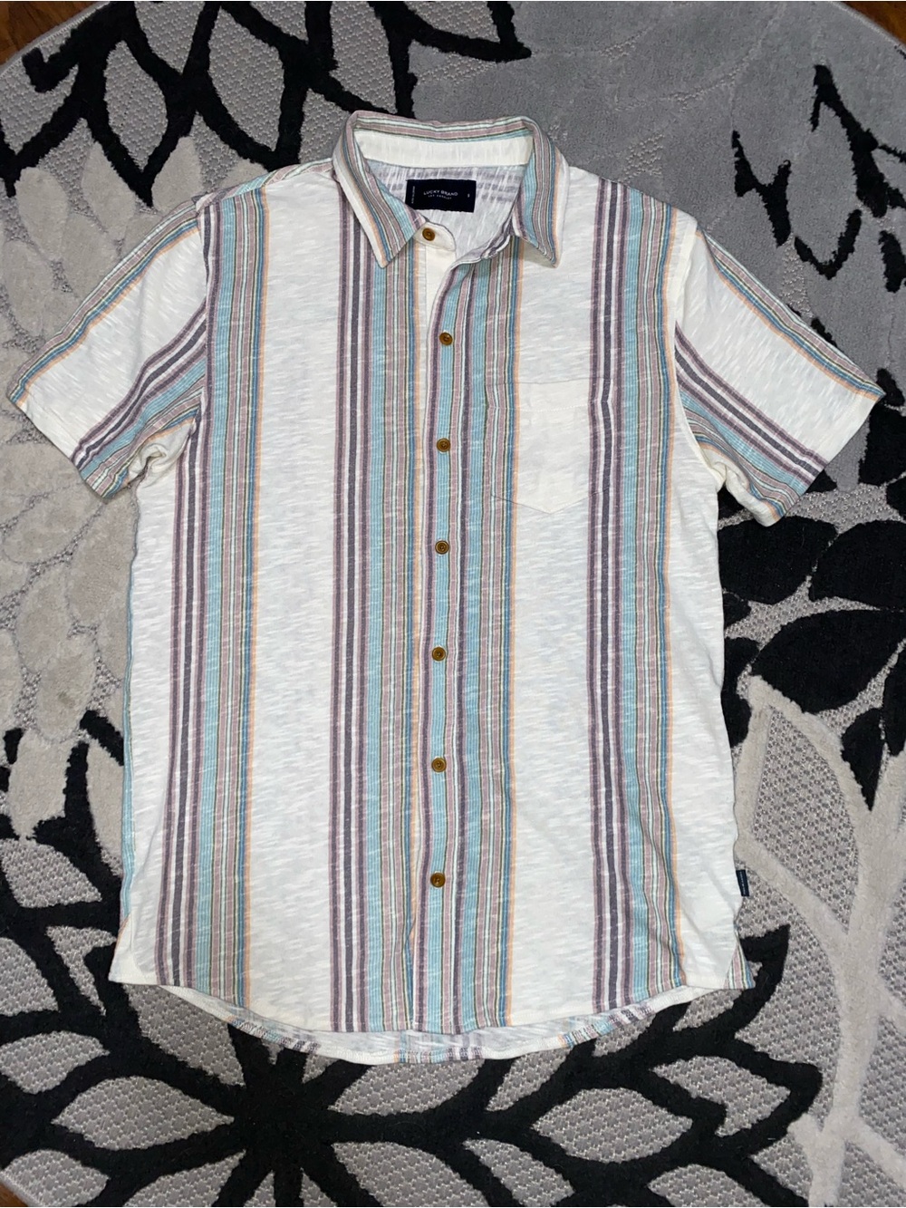 Lucky Brand Short-Sleeve Button-Down Shirt - Off White with Blue & Brown Stripes